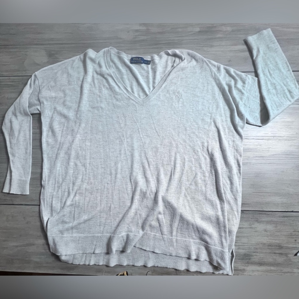 Ralph Lauren Cream V Neck Light Sweater Top Size S P stretchy Minimal Oversized